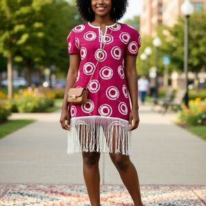 Chic Circle Pattern Mini Dress with Fringe